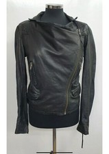 All Saints Stanton Black Leather Jacket Size 10 Biker Cowl Neck Buttersoft Moto