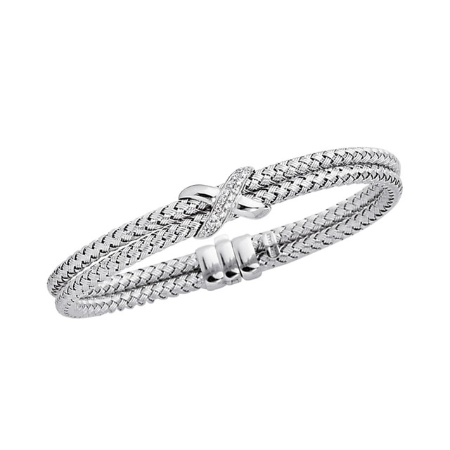 14K White Gold Double Basket Weave Bangle .18ct White Diamond