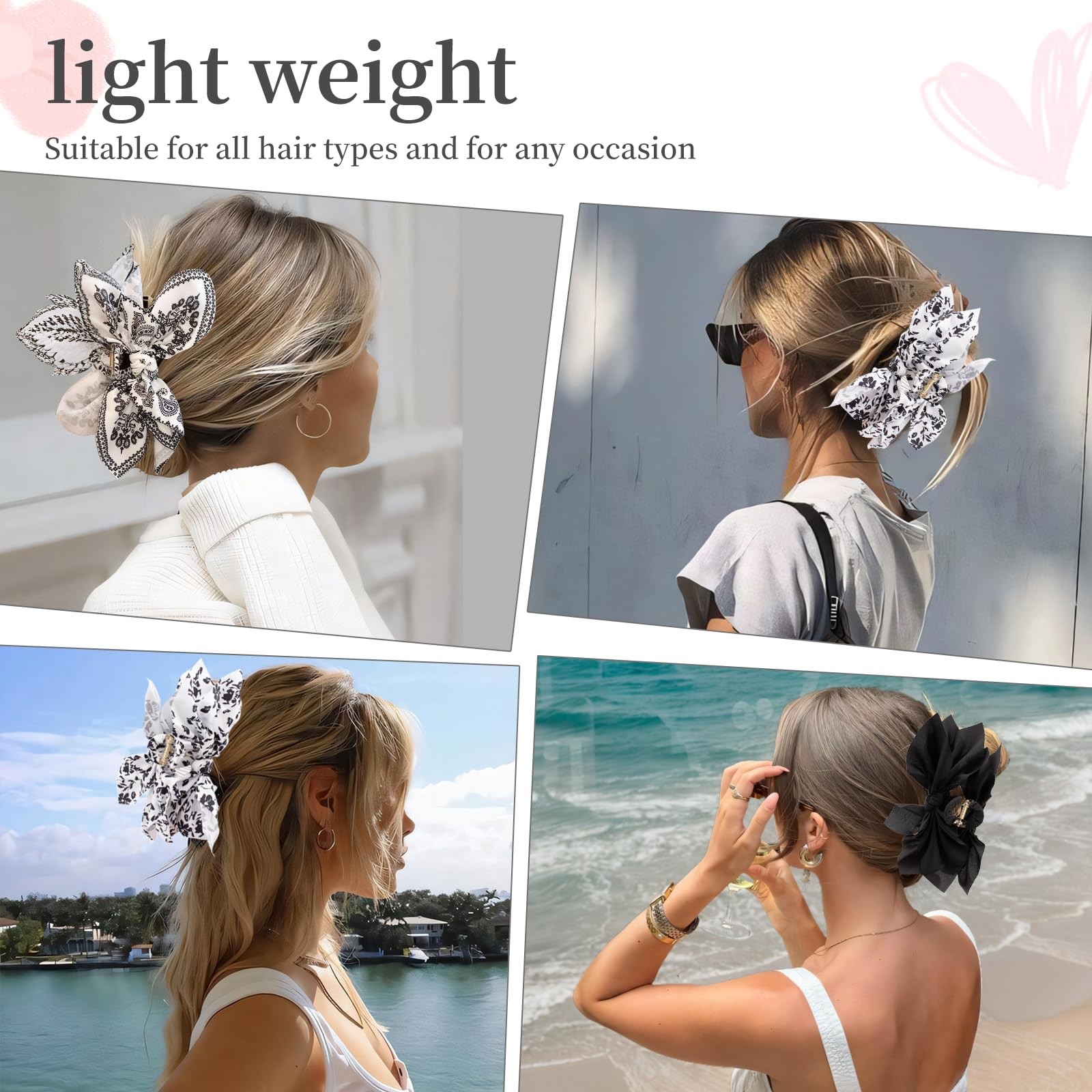 Hadutrek Bow Claw Clips Black White 3PCS Big Hair Bows for Women Thick Hair