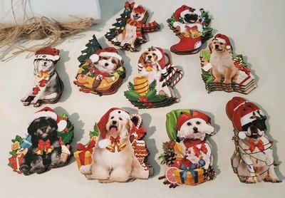 Holiday Dogs Wearing Santa Hats Ornaments 40 Wooden 3'' With Hangers 10 Different