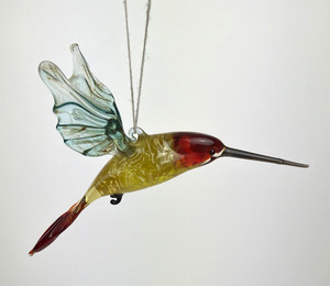 Hand Blown Art Glass Hummingbird Ornament Figurine Red Yellow Hanging Decor