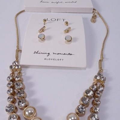 Ann Taylor Loft Moon Stone Crystal Pearl Necklace NWt 39.50 Opal Earrings Set 25