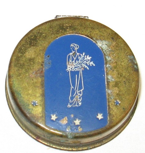 Vintage L’Adonna Enamel Compact Art Deco Powder Mirror Blue, Brass, 1 1/2"