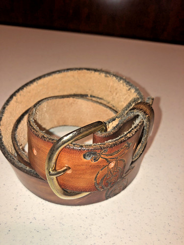 VTG MASON MASONIC SHRINERS LEATHER TOOLED BELT 44 BRASS BUCKLE