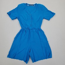 Vintage 80s 90s J Valdi Buttondown Blue Rayon Romper One-piece Shoulder Pads