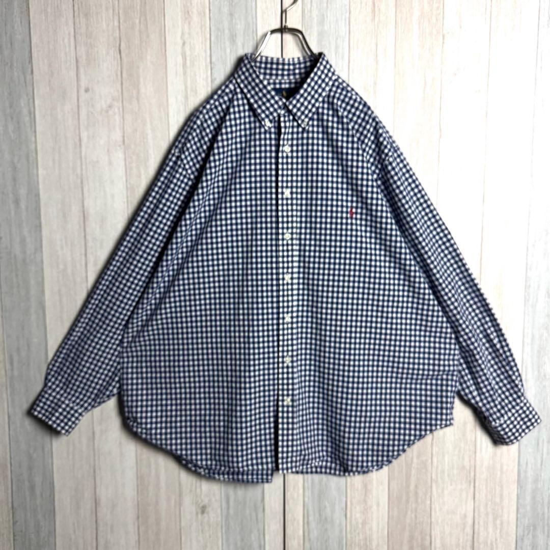 POLO Ralph Lauren 2XL Navy Gingham Check Button-Down Shirt, Vintage, Excellent image 2
