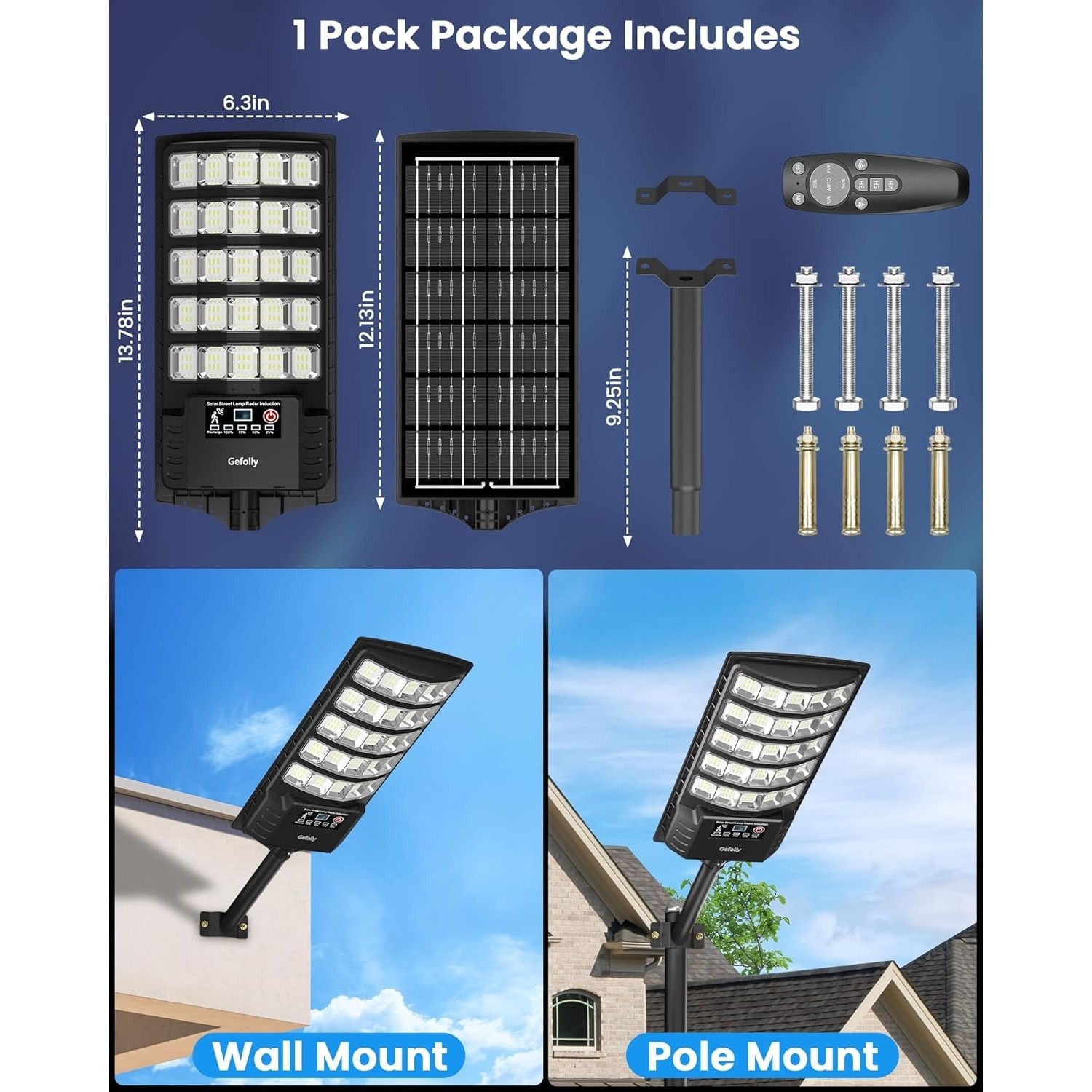 Gefolly Solar Street Light, 6500K LED, Motion Sensor, IP68 Outdoor Lamp