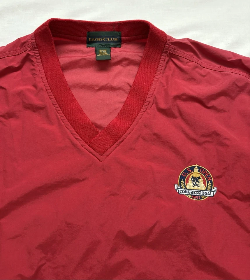 Jaqueta corta-vento de golfe vintage aberta dos EUA tamanho grande por Izod Club bordada anos 90 - Imagem 2 de 4