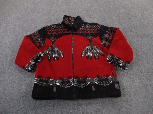 Vintage Milton Funwear Jacket Men L Red Fleece Graphic Feather Native American - Picture 2 of 10