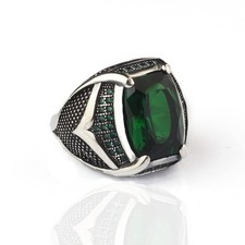 BayVog 925 Sterling Silver Mens Ring with Emerald Gem Stone, Handmade Men Silver
