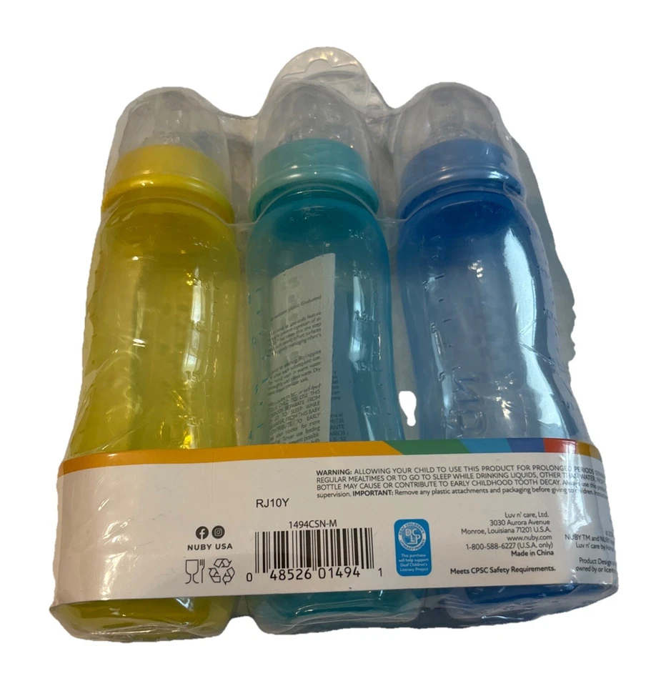 Nuby стандартный шеи бутылки 3 + M упаковка 8 унций Med поток желтый, синий, зеленый новый - Изображение 2 из 2