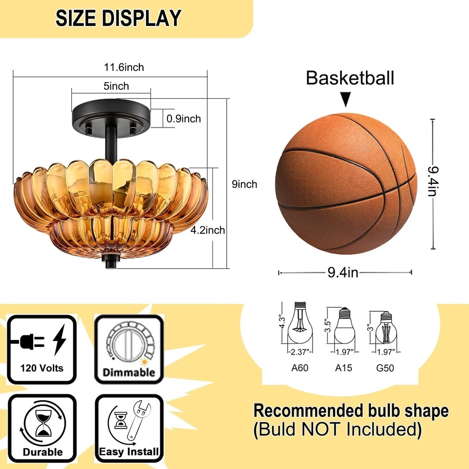 Lámpara de techo moderna vintage semi empotrada, vidrio ámbar 3 luces Foto 3 de 4