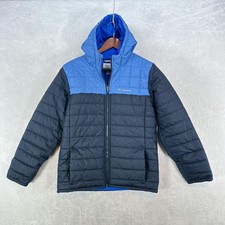 Columbia Jacket Kids L 14/16 Blue Black Hooded Puffer Winter Colorblock Warm