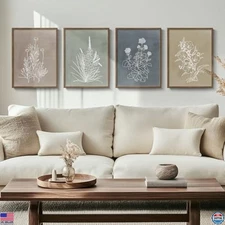 Boho 4-Piece Framed Botanical Wall Art Set, Rustic Floral Canvas Decor