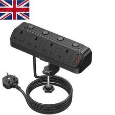 1.8M Desk Extension Lead - 4 Way Switched Power Socket with USB Charging