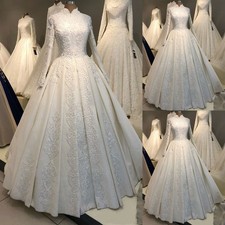 Muslim Wedding Dress High Neck Long Sleeve Beaded Appliques A Line Bridal Gown