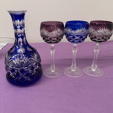 Bohemian Cobalt Blue Cut to Clear Crystal Decanter Set & 3 Globlets.    (B12)