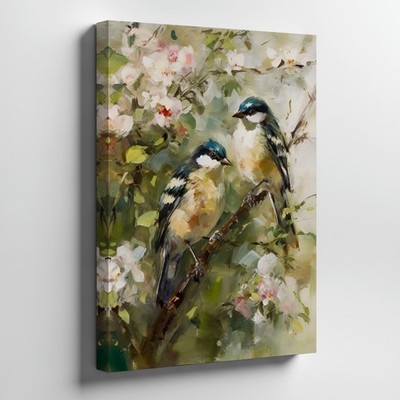 Birds On Branch Canvas Wall Art Floral Nature Painting Spring Garden Decoration
