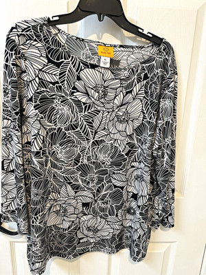 Ruby Rd. Black White Floral Knit Round Neck Pullover Top 3/4 Sleeve XL