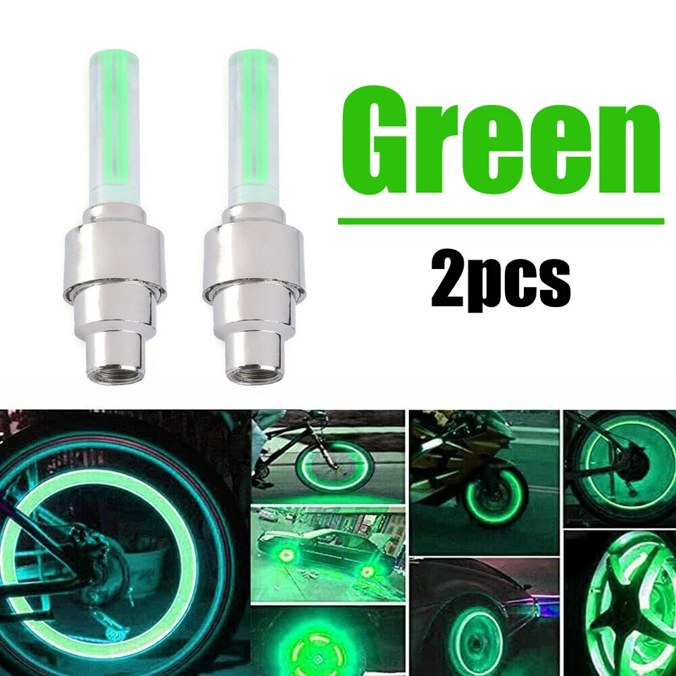 2x Car Wheel Tire Tyre Air Valve Stem Green LED Light Caps Cover Accessories - Image 4 of 4