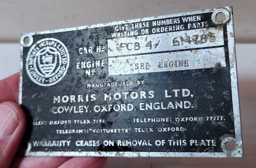 1950s Morris Motors LTD, Cowley Oxford England, engine car truck plate - Picture 3 of 5
