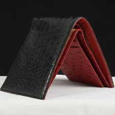 Black/Red Crocodile/Ostrich Leather Bifold Wallet Handmade RFID Blocking