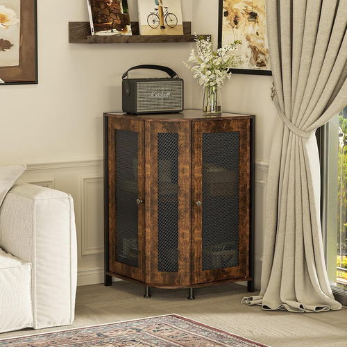 Corner Storage Cabinet with Open Shelf, 3-Tier Industrial Wine Bar Cabinet with - Picture 7 of 12