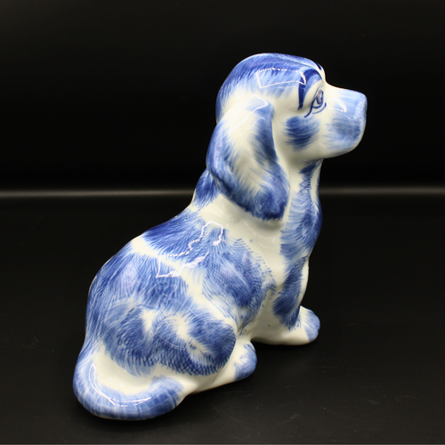 Estatuilla de perro de cerámica azul blanca de colección esmalte brillante cocker basset decoración animal - Imagen 3 de 8