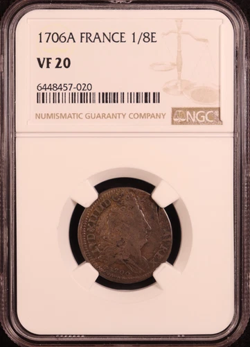 1706-A France "Louis XIV" Silver 1/8 Ecu  (10 Sols) - NGC VF20 - Rare Top POP!
