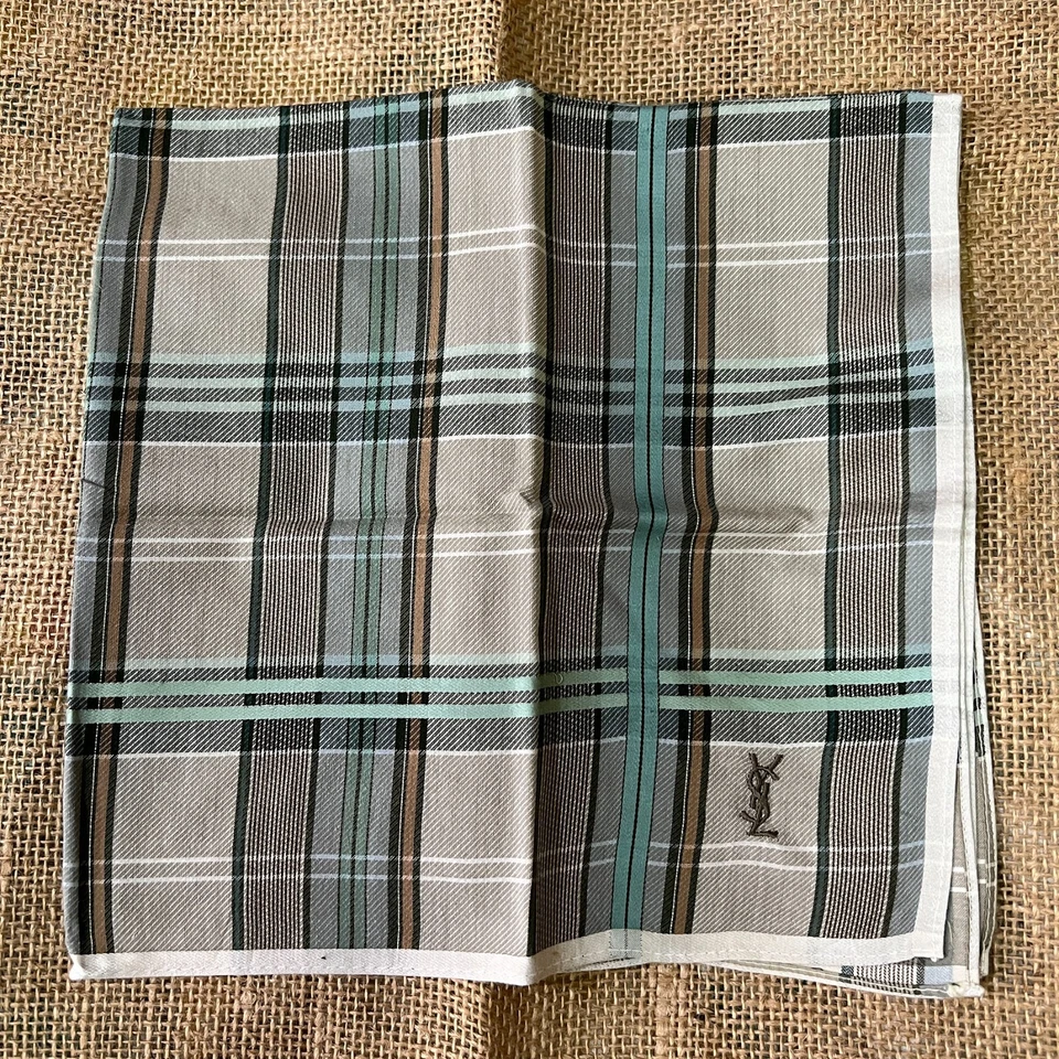 GREEN MINT PLAID & CHECKS ART MEN HANDKERCHIEF VINTAGE COTTON POCKET SQUARE 18" - Image 2 of 3