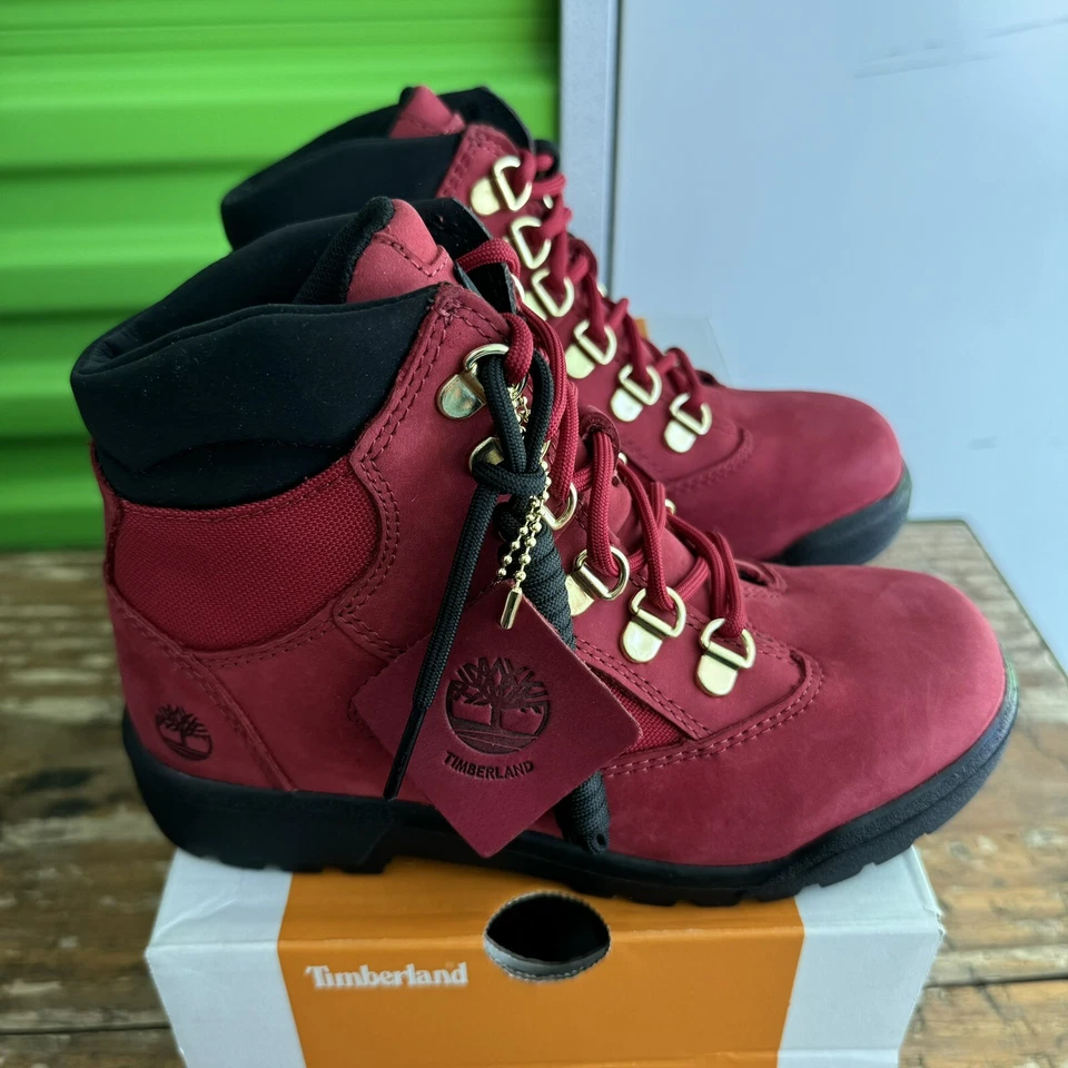 Timberland 6in Premium Field Waterproof Boots Ruby Red Dark Grey 2.5 Youth NEW - Image 4 of 4