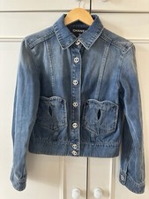 Chanel 24p Blue Demin Jacket Size 36 Cotton Silver Crystal Button Heart Pockets