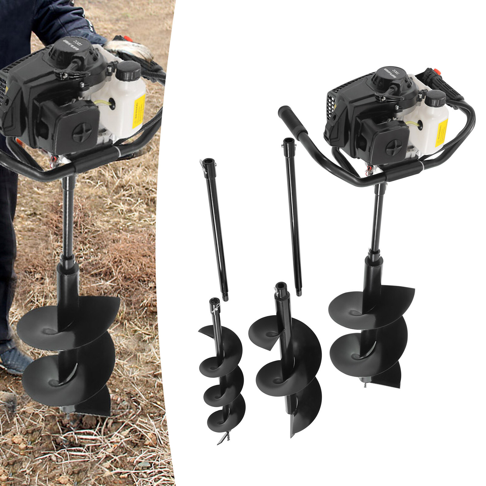 72CC 4HP Fence Post Hole Digger Gas Power Earth Auger Ground +6/10/12 Drill Bits