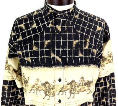 Vtg 90s WESTERN PLAINS Trading Co Shirt Men's M Horse Print Band Collar VEUC! *
