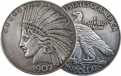 (1907 2PCS) Antique Liberty Indian Head 10 Dollar Coin Uncirculated Morgan Silve - Picture 2 of 6