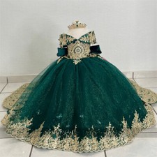 Green Bow Puffy Girl Dresses Lace Applique Beads Crystal Girls Gown Birthday