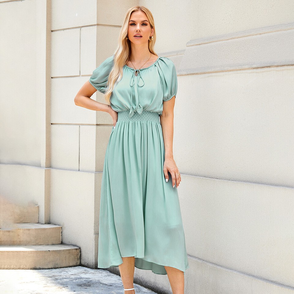 Women Lace Up Neck Midi Dress Ladies Short Sleeve Summer Beach Swing