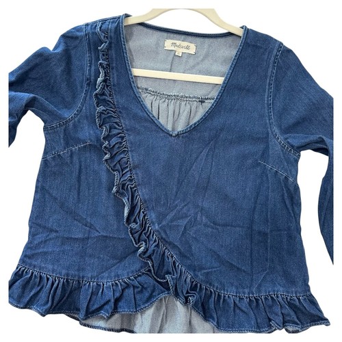 Madewell Womens Blue Denim Ruffle Detail Cotton Blouse Top Cropped Size S - Picture 5 of 8