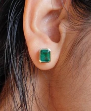 2CT Natural Green Emerald Bezel Set Solitaire Stud Earrings in 14k Yellow Gold