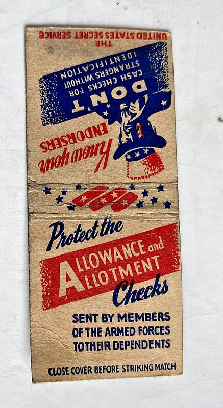 WWII Matchbook. Protect the Allotment/Allowance Checks. U.S.Secret Service.