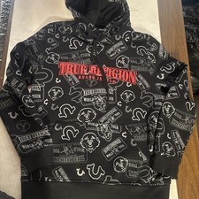 TRUE RELIGION Men s World Tour Designer Ticket Hoodie Black Pullover Size Medium