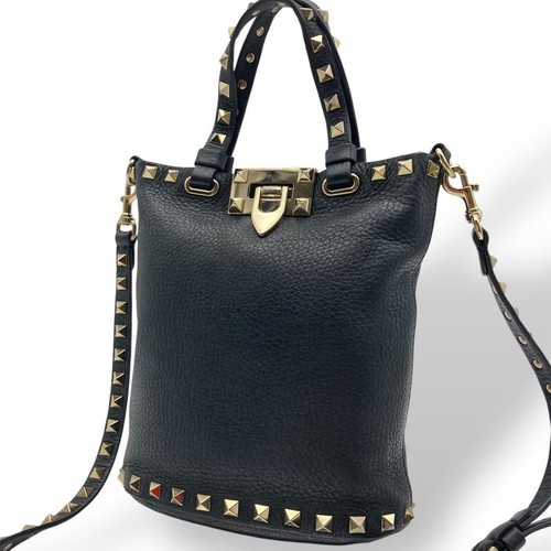 VALENTINO GARAVANI Shoulder Bag Leather Black 2 Way Designer Simple Cool Used