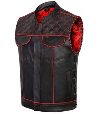 Men's Black Leather Vest Diamond Motorbike Motorcycle Red Concealed Waistcoat