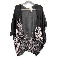 Forgotten Grace Kimono Womens Size M Black White Sheer Open Floral