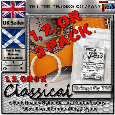 STRINGS BY TEB 1,2 or 3 Packs Classical Guitar Strings - 6 High Quality Nylon Strings Set - UK