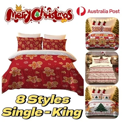 Christmas Duvet Doona Quilt Cover Set Queen Single Santa Elk Xmas Bed Pillowcase - image 1 of 4