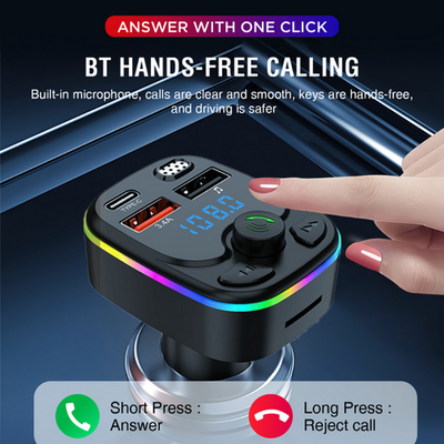 LENCENT Bluetooth 5.3 FM Transmitter, Snel Oplader Bluetooth FM-Zender met PD3.0 Type-C 20W & QC3.0 USB-A 18W, Draadloze Bluetooth Adapter met Handsfree, 360°HIFI, Diepe Bas Muziek Blauw Ambient Light