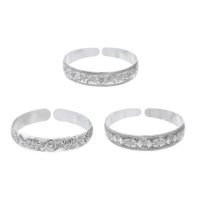 Silver Tone Carved Flower Cuff Bracelet Women Vintage Open Bangle Jewelry