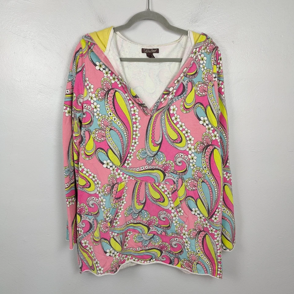 Vintage Y2K Lucky Brand Hoodie Dress Womens Large  Pink Paisley Print Cover Up - Image 2 of 4