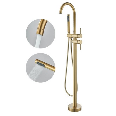YAGATAP Freestanding Floor Mount Tub Filler Faucet Brushed Gold Hand Shower